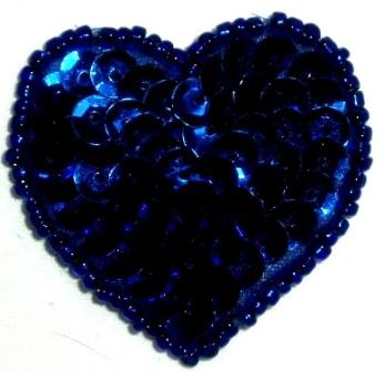 LC364  Blue Heart Sequin Beaded Applique  1.5"