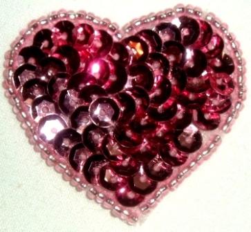 LC364  Mauve Heart Sequin Beaded Applique  1.5"
