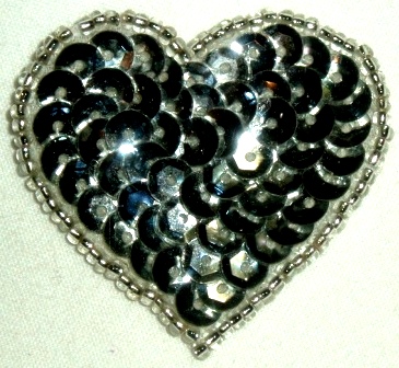 LC364  Silver Heart Sequin Beaded Applique  1.5"