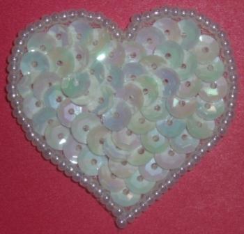 LC364  White Ab Heart Sequin Beaded Applique  1.5"