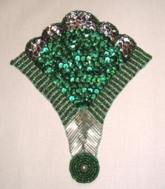 K8618  Kelly Green & Silver Fan Epaulet Sequin Beaded Applique 5.75"