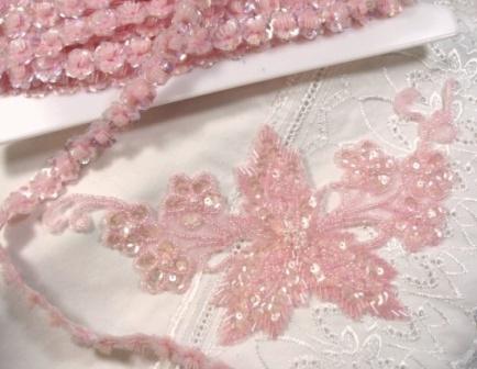 REDUCED  Pink Floral Vine 8" Sequin Beaded Applique K8628