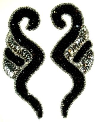 E213  Black & Silver Sequin Beaded Applique 7"