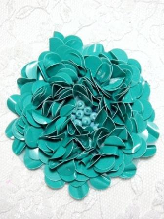 E251  Turquoise Beaded Sequin Applique Flower Brooch 2.75"-sequin,appliques,flower,turquoise,mustard,beaded,motif,brooch