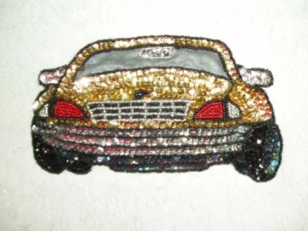 EA25  Gold Car Sequin Beaded Applique 7"-applique,sequin,beaded,car,novelty