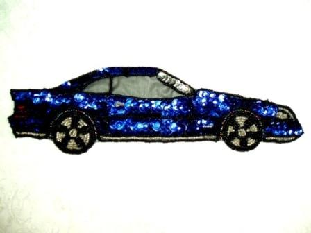 EA26  Blue Car Sequin Beaded Applique 10"-applique,sequin,beaded,car,fifties,novelty