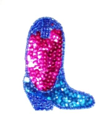 EA31  Fuchsia Blue Cowboy Boot Sequin Beaded Applique 6.5"