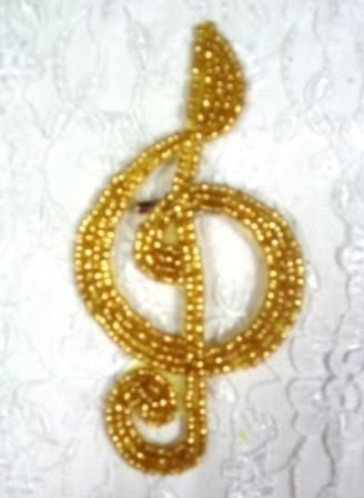 EA34  Gold G Clef Beaded Musical Applique 4"