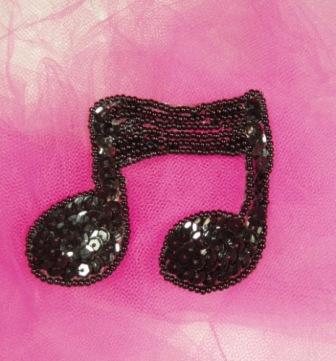 EA39  Black Musical Note Sequin Beaded Applique 3"