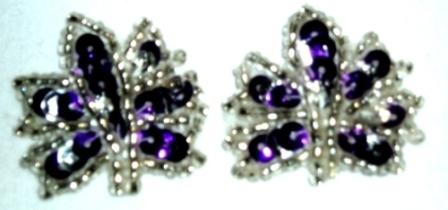 EB15  Set of ( 2 )  Purple Silver  Leaves Sequin Beaded Appliques 1"
