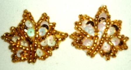 EB19  Set of ( 2 )   Gold White AB Leaves Sequin Beaded Appliques 1"