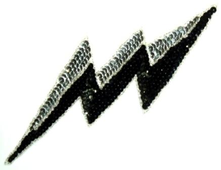 EB9  Black Silver Lightning Bolt Sequin Beaded Applique 11"-lightning,bolt,sequin,beaded,applique, 
