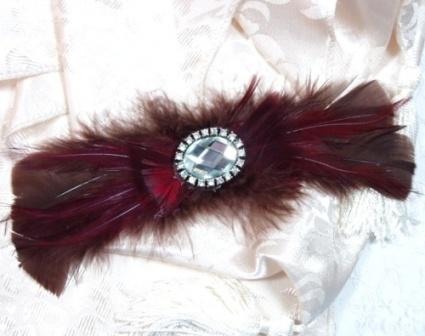 FB19  Brown Burgundy Rhinestone Feather Brooch Applique 8"-feather,brooch,applique,brown