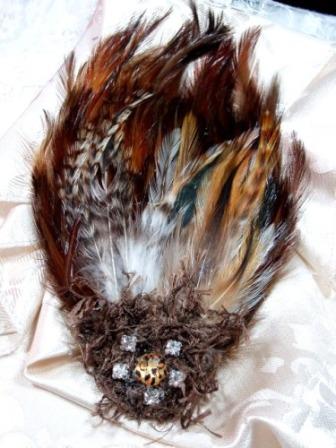 FB11 Leopard Brown Feather Brooch Applique 8.5"-feather,brooch,applique,brown