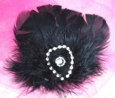 FB15  Black Rhinestone Feather Brooch Applique 4"-feather,brooch,applique,black