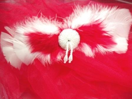 FB20  White Red Pearl  Feather Brooch Applique 8"-feather,brooch,applique,white,red