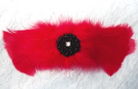 FB21  Red Black Feather Brooch Applique 7.5"-feather,brooch,applique,black,red