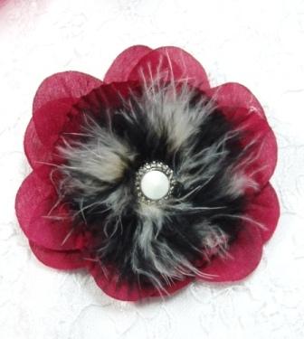 FB23  Burgundy Floral  Feather Brooch Applique 3.75"-feather,brooch,applique,black,red