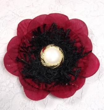 FB24  Burgundy Floral Black Brooch Applique 3.75"-feather,brooch,applique,black,red