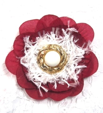 FB25  Burgundy Floral White Brooch Applique 3.75"-feather,brooch,applique,white,red