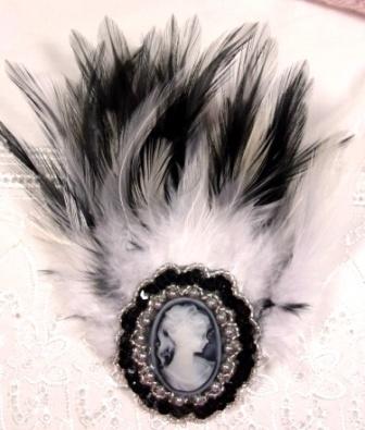 FB26 Black & White Cameo Feather Applique Brooch  6"-feather,brooch,applique,cameo