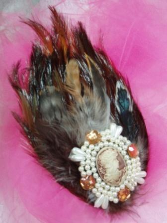 FB30  Cameo Jewel Feather Applique Brooch 8.5"