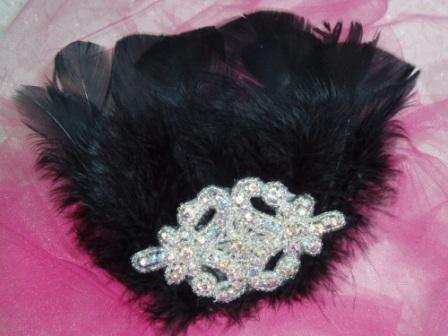 FB31 Black Rhinestone Feather Applique Brooch 6"-feather,brooch,applique, 