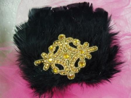 FB32  Black Gold Feather Applique Brooch  6"-feather,brooch,applique,gold