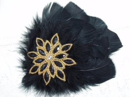 FB8   Black Gold Star Feather Brooch Applique 6"-feather,brooch,applique,rhinestone