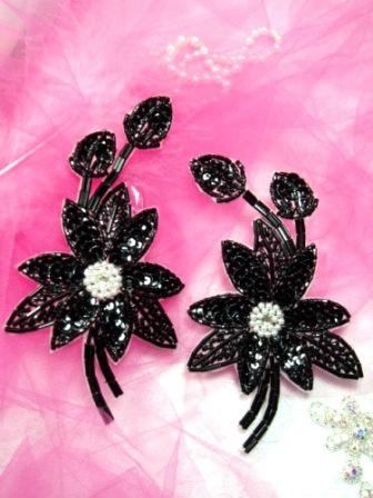 K8109  Black Pearl Mirror Pair Sequin Beaded Appliques 5.5"-embellishment,sewing,clothing,sequin,beaded,bead,sequins,applique,motif,black,floral,flower,designer,mirror,pair,silver