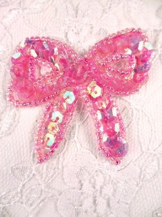 K8140A  Pink Bow Sequin Beaded Applique 2"