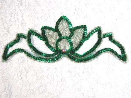 K8143  Green Rhinestone  Beaded Sequin Applique 7.25"