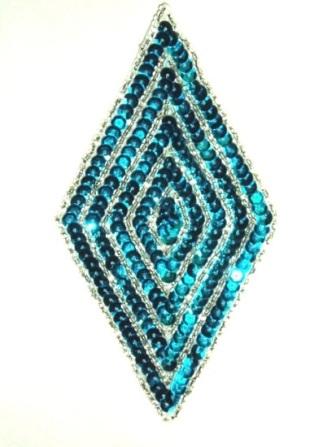 K8385 Turquoise Silver  Diamond Sequin Beaded Applique 5.5"