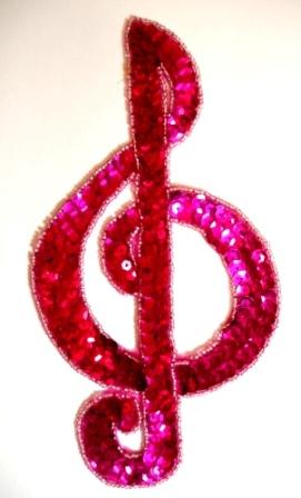LC19  Fuchsia Musical Note G Clef Sequin Beaded Applique 7"