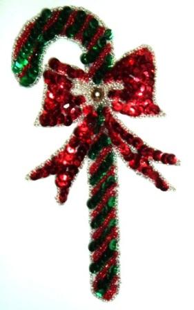 LC221 Candy Cane Christmas Sequin Beaded Applique 7"-applique,beaded,cactus,south,western,