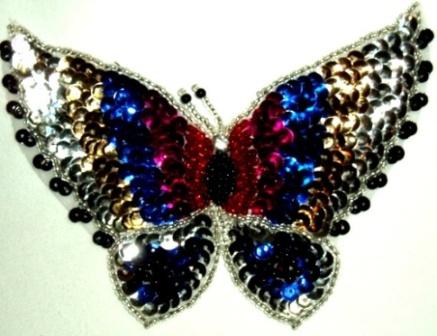 LC299 Blue Butterfly Sequin Beaded Applique 5"-applique,beaded,sequin,butterfly,Blue