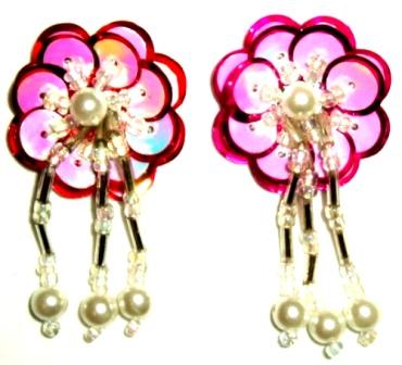 LC320 Set of ( 2 ) Fuchsia Dangle Pair Sequin Beaded Appliques 2"-applique,sequin,beaded,fuchsia,dangle,belly,dance