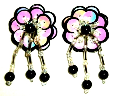 LC321 Set of ( 2 ) Black White Dangle Pair Sequin Beaded Appliques 2"-applique,sequin,beaded,black,dangle,belly,dance