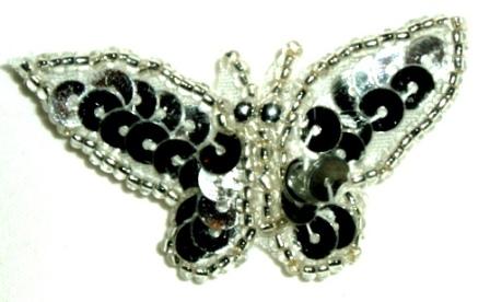 LC333  Silver Butterfly Sequin Beaded Applique 1.75"-applique,sequin,beaded,silver,butterfly,