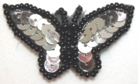 LC336 Silver Black Butterfly Sequin Beaded Applique 1.75"-applique,sequin,beaded,black,silver,butterfly,