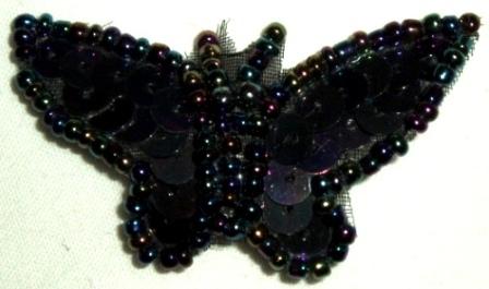 LC338  Black AB Butterfly Sequin Beaded Applique 1.75"-applique,sequin,beaded,black,butterfly,