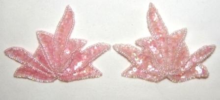 LC347  Pink Crystal AB Leaf Mirror Pair Sequin Beaded Appliques 3.25"-applique,sequin,beaded,pink,butterfly,