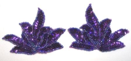 LC348  Purple Leaf Mirror Pair Sequin Beaded Appliques 3.25"-applique,sequin,beaded,purple,butterfly,