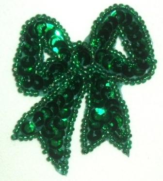 LC359  Green Bow Sequin Beaded Applique  2.25"