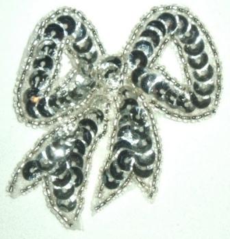LC359  Silver Bow Sequin Beaded Applique  2.25"-applique,beaded,silver,bow,sequin