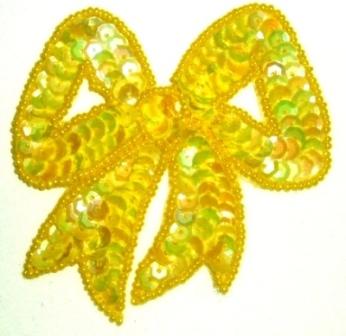 LC361  Yellow AB Bow Sequin Beaded Applique  3.25"