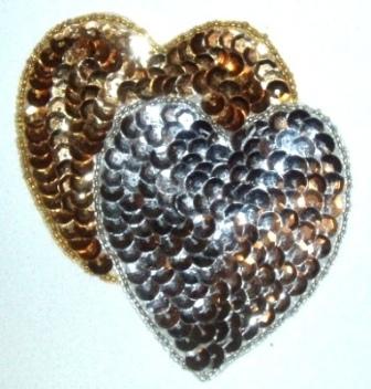 LC362 Gold Silver Double Heart Sequin Beaded Applique  3.75"