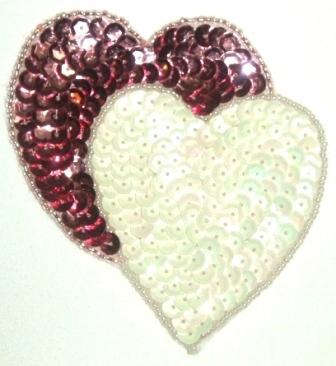 LC362 Mauve White Double Heart Sequin Beaded Applique  3.75"