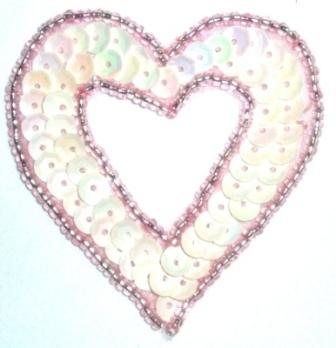 LC363  Pink AB Heart Sequin Beaded Applique  2.25"
