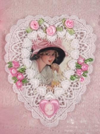 M1   White Pink Venise Lace Heart Picture Frame Magnet  Applique 4.5"-magnet,picture,frame,venise,venice,lace,heart